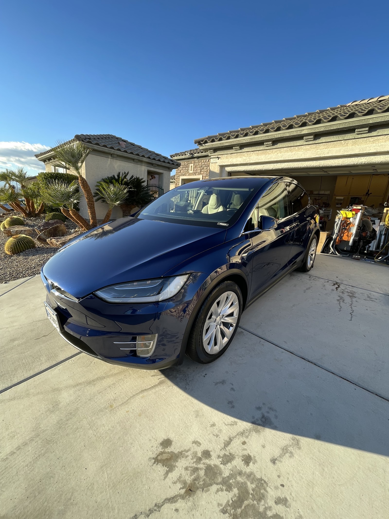 Dark blue Tesla Model X detailed in a driveway with clear blue sky
